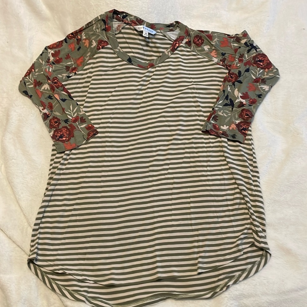 DownEast baseball 3/4 sleeve striped olive and cream shirt with floral sleeves